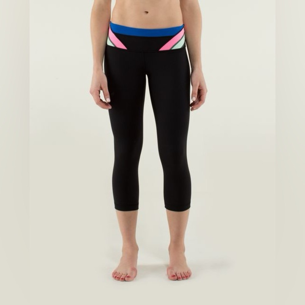 Lululemon Wunder Under Crop Leggings Black Blue Pink Green Colorblock Size 6